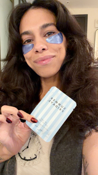 Allure senior commerce director Shanna Shipin wearing the Summer Fridays Jet Lag Eye Patches