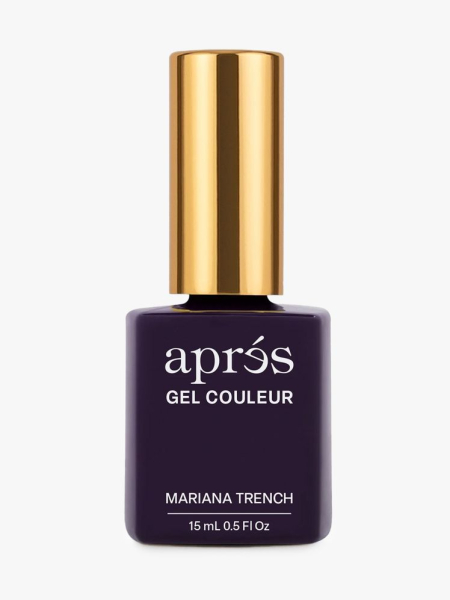 Aprés Gel Polish in Mariana Trench in branded component on a light gray background
